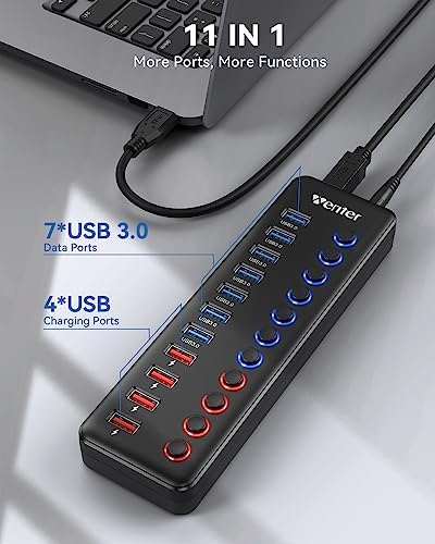 USB Hub Aktiv 3.0 mit Netzteil 36W, WENTER 11 in 1 USB Hub (7 USB 3.0 Ports Datenübertragung und 4 Ports Schnellladegerät) mit Schalter und 1 Intelligenter Charging Port und 12V/3A Netzteil Adapter