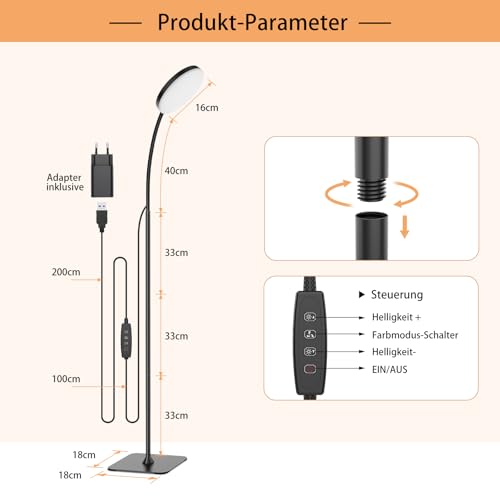 Mojimdo Stehlampe, [3 Farben & 10 Helligkeiten] Schlanke LED Leselampe Stehend, Dimmbar Einstellbare Flexible Stehleuchte für Kinderzimmer, Büro, Wohnzimmer, Ecke Nachttischlampe