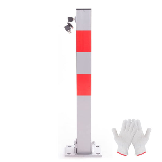 RMAN Parkpfosten Absperrpfosten Klappbar 60cm Parkplatzsperre mit 5 Schlüssel Stahl ParkWatch Parkplatz-Barriere Reflexstreifen Robust Standfuß Sperrpfosten (Silber-Grau-Rot)