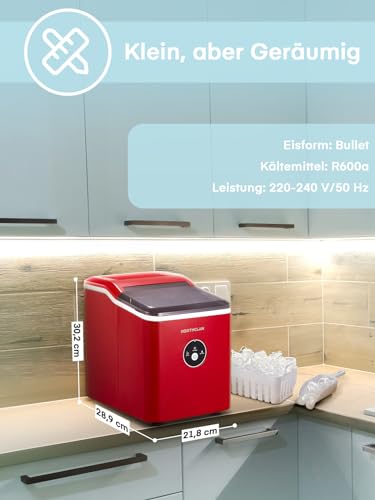Eiswürfelmaschine Testsieger 2024, 14 kg 24 Stunden, 9 Eiswürfel in 6-8 Minuten, Gerauscharmer Betrieb, 120W Ice Maker mit Schaufel u. Korb, Eiswürfelbereiter für Zuhause, Büro (Rot)