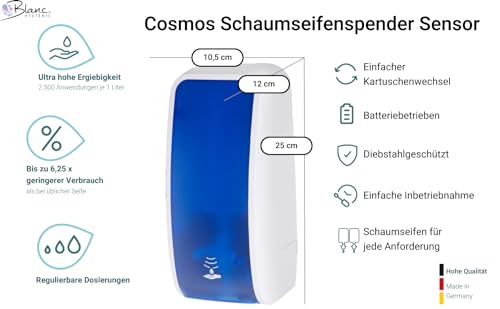 Blanc HYGIENIC Schaumseifen-Spender Cosmos– Seifenspender mit Sensor für Wand-Montage und 2 x 1 Liter Handseife, ergiebige Seife für ca. 7500 Anwendungen, Blau und Weiß