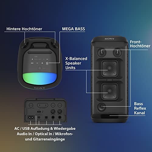 Sony SRS-XV800 - Bluetooth, Party Box Lautsprecher, Kraftvoller 360° Sound, tragbar, 5 Front-/2 Rücklautsprecher, MEGA Bass, 25h Akkulaufzeit, LED Licht, IPX4 wasserdicht, Schnellladung– Schwarz
