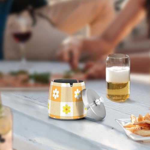 Orange Buffalo Plaid Schottenkaro Schottland Blume Edelstahl Outdoor Aschenbecher mit Deckel für Home Office Outdoor Balkon Einzigartiger rauchfreier Tisch Zigarette Aschenbecher für Zigarettenraucher