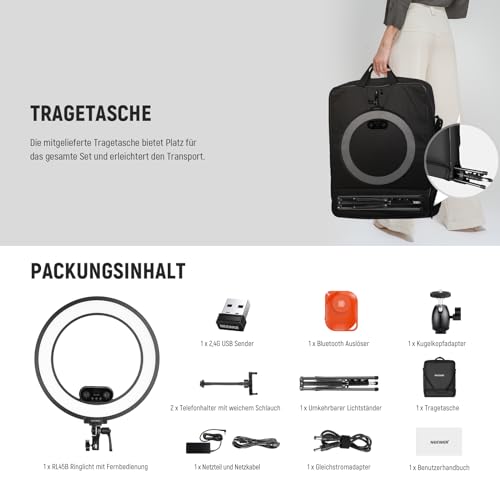 NEEWER 18" Ringlicht Set mit Randbeleuchtung, 45W 3300Lux 2900K-7000K 12 Szenen Ringleuchte mit APP 2,4G PC Mac Steuerung, Fernbedienung, Stativtasche für Make up, TikTok, Ins, Live Stream, RL45B