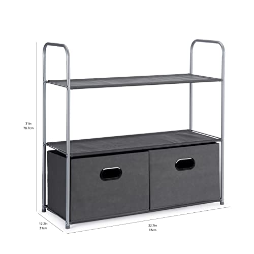 Amazon Basics Schrank-Organisationssystem mit DREI Regalböden aus Stoff und Zwei Zusammenschiebbaren Oben Offenen Behältern, 32.7" x 12.2" x 31", Grau
