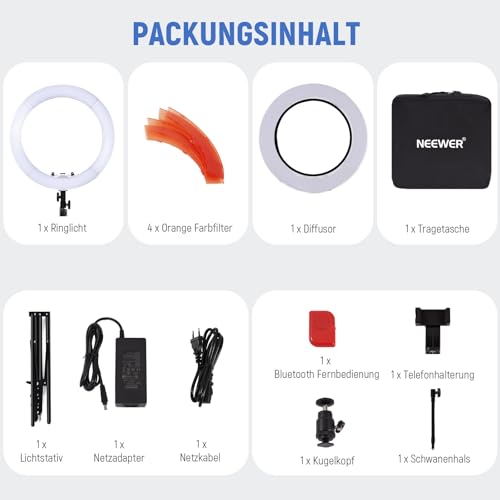 NEEWER Ringlicht mit Stativ Set: 45cm Außen 55W 5600K Dimmbare LED Ringleuchte mit Bluetooth Fernbedienung 75W Ringlicht Soft Cover für Handy/Kamera für YouTube TikTok Self Porträt Foto Make up