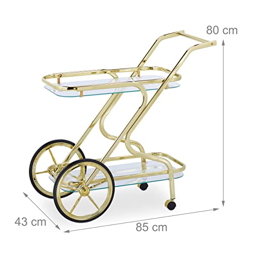 Moderner Servierwagen mit 4 Rollen, 2 Ablagen, Glas- & Eisenkonstruktion, idealer Wagen für Getränke und Snacks, 80 x 43 x 85 cm, Weiß