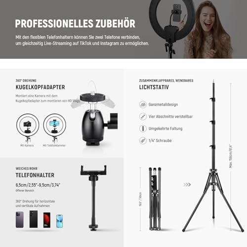 NEEWER 18" Ringlicht Set mit Randbeleuchtung, 45W 3300Lux 2900K-7000K 12 Szenen Ringleuchte mit APP 2,4G PC Mac Steuerung, Fernbedienung, Stativtasche für Make up, TikTok, Ins, Live Stream, RL45B