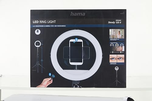 Hama LED Ringlicht mit Stativ Handy (12“ Ringleuchte, 30 cm Durchmesser, Dreibein Stativ für das Smartphone, ausziehbar bis 215 cm, dimmbares Kreislicht, Bluetooth Fernauslöser) schwarz