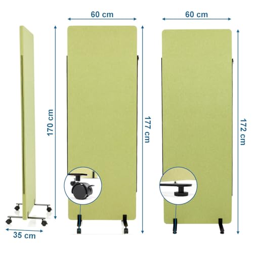 hjh OFFICE Mobile Akustik Trennwand 2er Set 177 x 60 cm FLEXMIUT Stoff Grün Raumteiler mit Rollen & Gleiter 891002