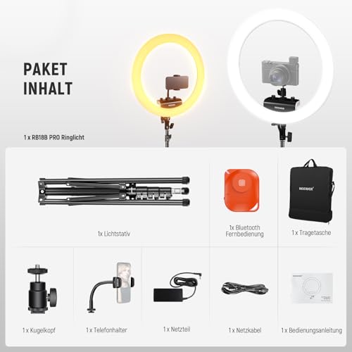 NEEWER Professionelles Ringlicht mit Ständer und Telefonhalter, 18" dünn, 45W 2900K-7000K TLCI98, Fernauslöser und App Steuerung, weichere Beleuchtung für Make up Live Stream TikTok, RP18B Pro Weiß