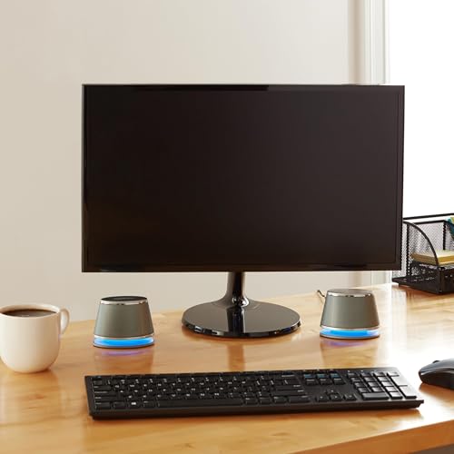 Amazon Basics Stereo-2.0-Lautsprecher für PC oder Laptop, 3,5-mm-AUX-Eingang, USB-Stromversorgung, 1 Paire, Silber