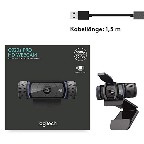 Logitech C920s HD PRO Webcam, Full-HD 1080p, 78° Blickfeld, Autofokus, Belichtungskorrektur, USB-Anschluss, Abdeckblende, Für Skype, FaceTime, Hangouts, etc.,PC/Mac/ChromeOS/Android/Xbox One, Schwarz