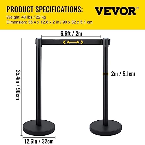 VEVOR Personenleitsystem 4 Ständer, 90 cm Gesamthöhe VIP Absperrung mit Vierwegadapter, Abgrenzungsständer, Absperrständer mit 2 M Länge Gürtel für Airport Flughafen, Ständer Stahl und Eisen, Schwarz