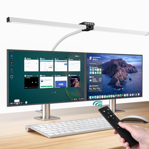 vatato Doppelkopf Schreibtischlampe LED, Dimmbar 24W 80CM Schreibtischlampe für Homeoffice, klemmbar Augenschutz Tageslichtlampe mit Fernbedienungen, 5 Farb 5 Helligkeit Büro Tischlampe (weiß)