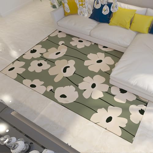 UERWOWELL Cremefarbener Blumenteppich Mid-Century Ästhetischer Teppich Boho Salbei Grüner Teppich für Schlafzimmer rutschfeste Maschinenwäsche Home Office Teppiche Dekor 140x220cm