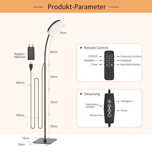 Mojimdo Stehlampe mit Fernbedienung, [3 Farben & 10 Helligkeiten] Schlanke LED Leselampe Stehend, Dimmbar Einstellbare Flexible Stehleuchte für Kinderzimmer, Büro, Wohnzimmer, Ecke Nachttischlampe