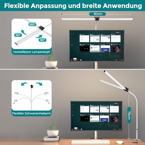 vatato Doppelkopf Schreibtischlampe LED, Dimmbar 24W 80CM Schreibtischlampe für Homeoffice, klemmbar Augenschutz Tageslichtlampe mit Fernbedienungen, 5 Farb 5 Helligkeit Büro Tischlampe (weiß)