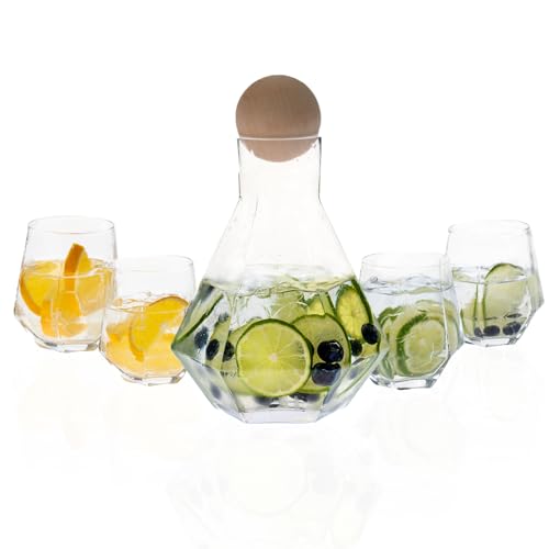 EMVPE Premium Glaskaraffe mit Deckel, 5-teilig, Karaffe (1,3l) und 4 Gläser (250ml) im Set, edles Diamant-Design, spülmaschinengeeignet, für erfrischende Getränke, Bowle
