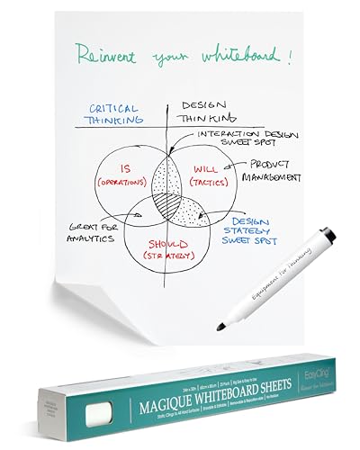 Easycling Magique Whiteboard Folie Selbstklebend - Elektrostatische Folie mit 25 Blatt & 1 Boardmarker Inkl, für alle harten Oberflächen, haftet ohne Klebstoffe oder Magnete, 60 cm x 80 cm