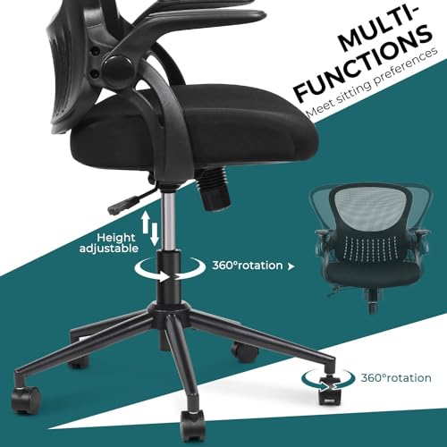 Home Office Stuhl Ergonomischer Schreibtischstuhl Mesh Computerstuhl Moderner Höhenverstellbarer Drehstuhl mit Lendenwirbelstütze/Klapparmlehnen, Schwarz