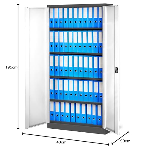 Jan Nowak Aktenschrank C001H Büroschrank Metallschrank Stahlschrank Werkzeugschrank Stahlblech Pulverbeschichtet Flügeltürschrank Abschließbar 195 cm x 90 cm x 40 cm (anthrazit/weiß)