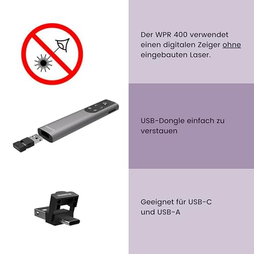 Kabelloser Presenter mit digitalem Laserpointer - Marmitek WPR-400 Präsentationsfernbedienung, Air-M