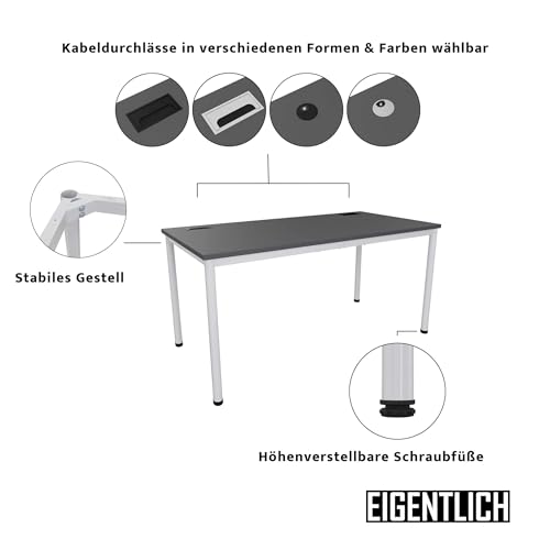 Eigentlich Konferenztisch 140x80 cm mit Buche-Kabeldurchlass Ø60 mm Schwarz, Lichtgraues Gestell und Melaminharzplatte