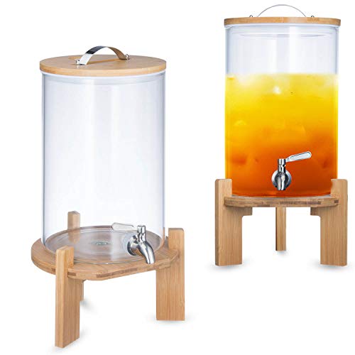 Getränkespender mit tropfsicheren Zapfhahn aus Edelstahl Wasserspender aus Glas mit Bambus Ständer und Deckel Limonadenspender aus hitzebeständigen Borasilikatglas (8 Liter)