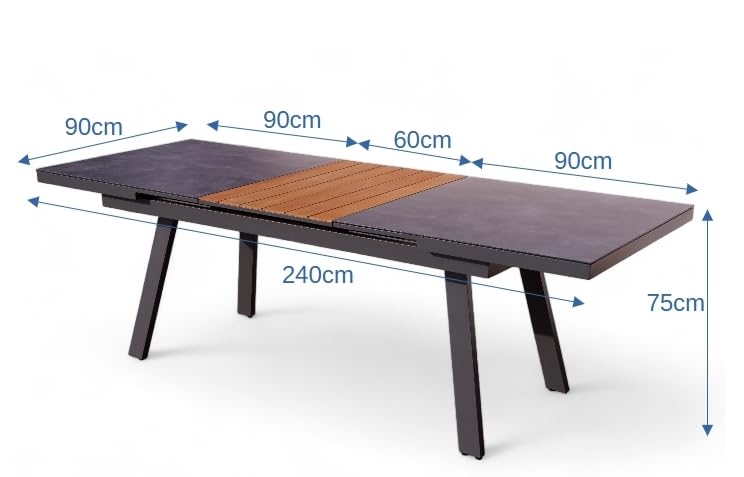 ALEOS. Gartengarnitur Gartenset Aluminium Teak Set mit quadratischem Ausziehtisch 180x90cm auf 240cm ausziehbar + 6 Stapelstühle anthrazit Trinidad