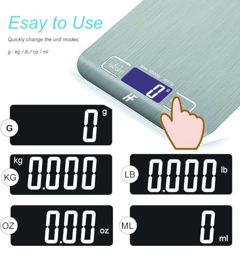 HomeFashion Küchenwaage Edelstahl, Hochpräzise 5kg 1g Digitalwaage mit LCD Display, Tara-Funktion, 6 Maßeinheiten, Batterien inklusive