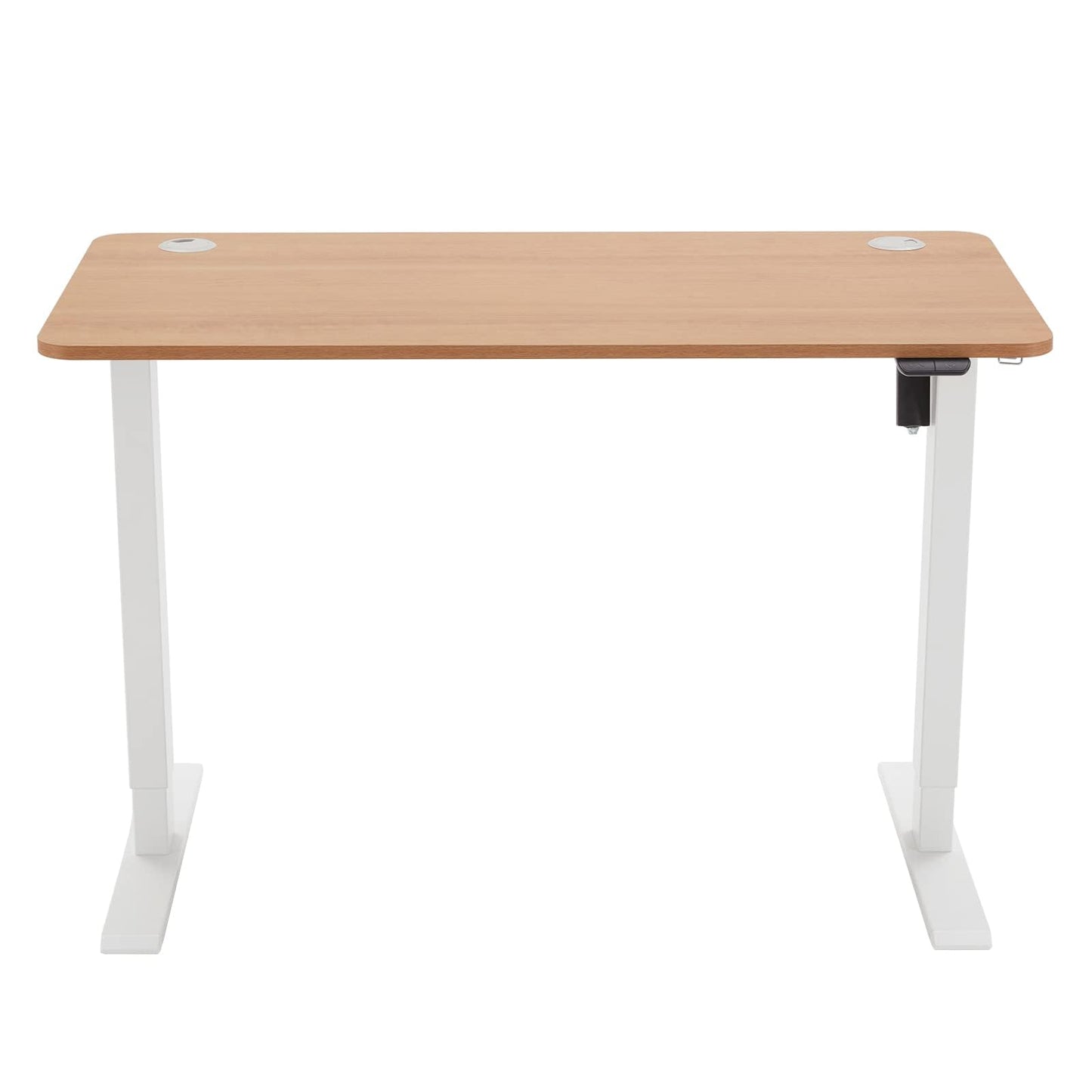 Amazon Basics Sitz-Steh-Schreibtisch, 120 x 60 cm, Buche-Tischplatte, weißer Rahmen, elektrisch höhenverstellbar, im Homeoffice.