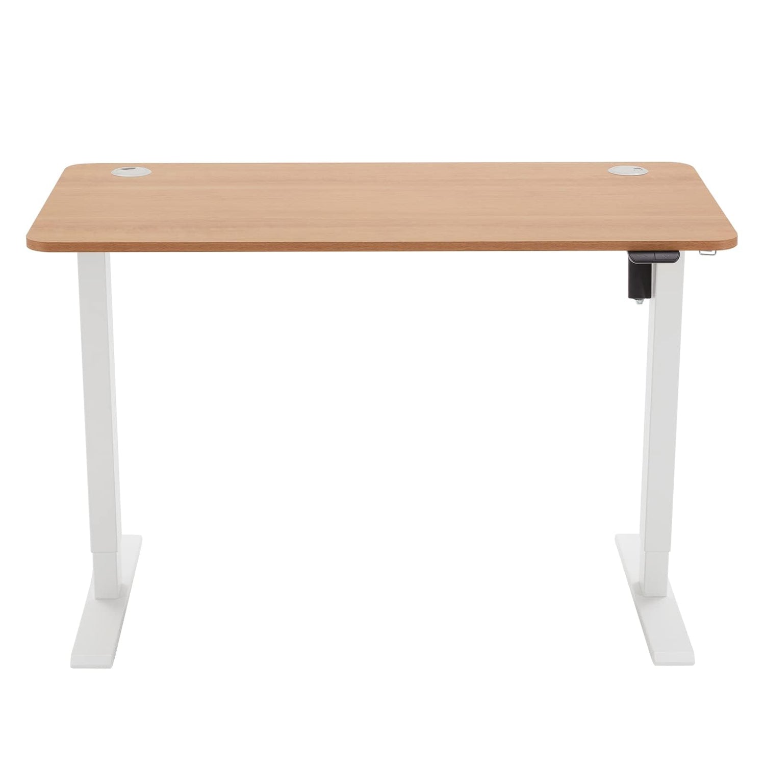 Amazon Basics Sitz-Steh-Schreibtisch, 120 x 60 cm, Buche-Tischplatte, weißer Rahmen, elektrisch höhenverstellbar, im Homeoffice.