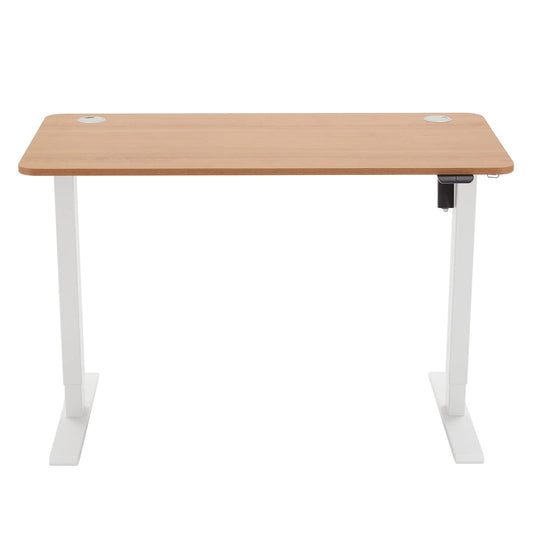 Amazon Basics Sitz-Steh-Schreibtisch, 120 x 60 cm, Buche-Tischplatte, weißer Rahmen, elektrisch höhenverstellbar, im Homeoffice.