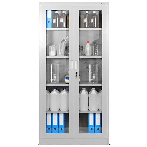 Aktenschrank C012 Glasvitrine Büroschrank Universalschrank Flügeltürschrank Stahlblech Pulverbeschichtung abschließbar 185 cm x 90 cm x 40 cm (Grau)