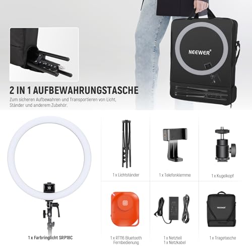 NEEWER SRP18C RGB LED Ringlicht Set ultraschlank App Steuerung mit umkehrbarem Licht Ständer, Telefonhalter, Kugelkopf, 2500K–10000K, CRI 95+/TLCI 97, 3700Lux/0,5m 18 Szenen für TikTok/Make up/Gaming
