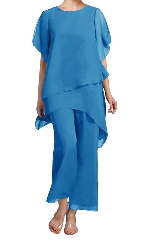JAEDEN 2 Teilig Hosenanzug für Brautmutter Chiffon Festliche Hosenanzüge Schlicht Hochzeitsgast Hosen Set Marineblau 42
