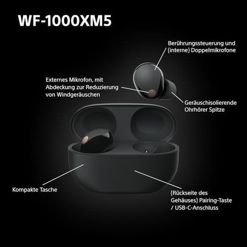 Sony WF-1000XM5 Kabellose Noise Cancelling Kopfhörer, Bluetooth, In-Ear-Kopfhörer, Mikrofon, bis zu 24 Stunden Akkulaufzeit, Schnellladefunktion, IPX4, iOS & Android kompatibel - Schwarz, klein