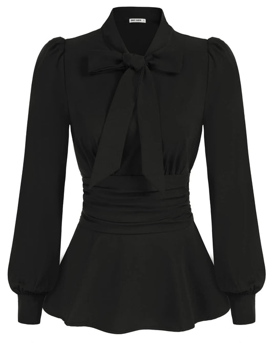 GRACE KARIN Damen Elegant Bow-Knot Büro Oberteile Puffärmel Schößchen Dressy Shirt Gesmokte Taille Blusen CL1476-01_2XL