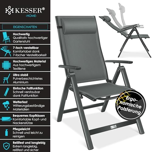 KESSER® Gartenstuhl Hochlehner mit Armlehnen Aluminium Klappstuhl mit Kopfkissen & Cover Campingstuhl 7-Fach Verstellbar Rückenlehne Atmungsaktiv & Wetterfest Klappbar & Anti-Rutsch Anthrazit