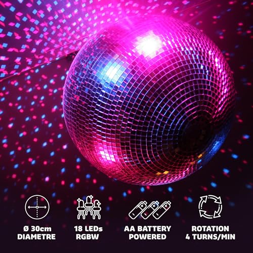 Ibiza - DISCO1-30 - 30cm Durchmesser Facettenkugel mit 18 LED Sockel und 20cm Kette - Batteriebetrieben