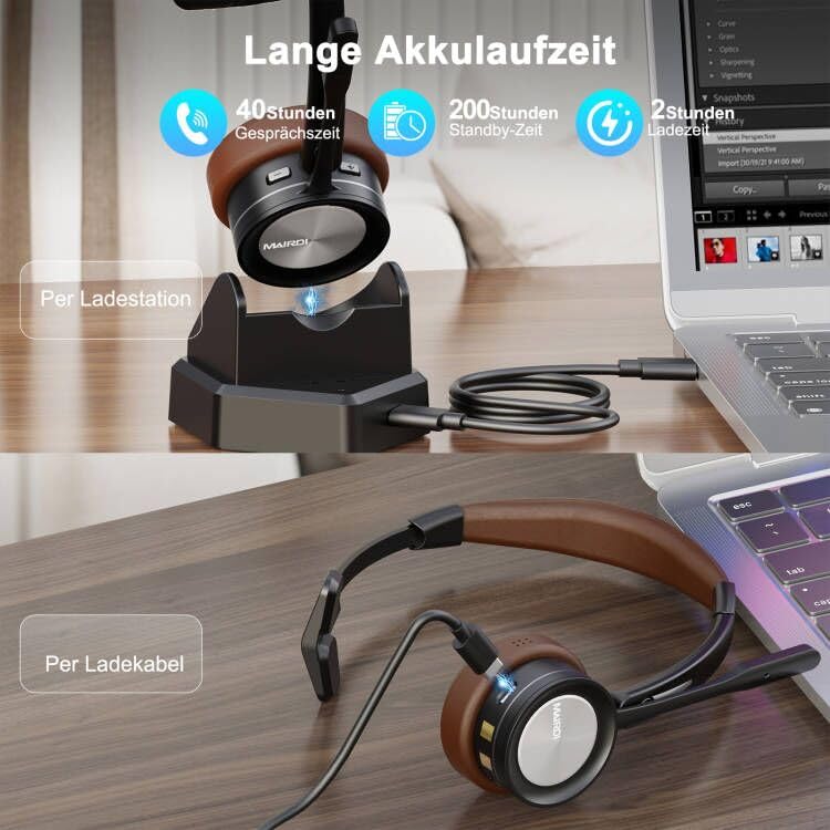 Mairdi Wireless Headset mit Mikrofon Noise Canceling, Mono Bluetooth Headset mit Ladestation, mit USB Bluetooth Adapter für Handy PC Call-Center Büro Zoom Microsoft Team Skype Chat