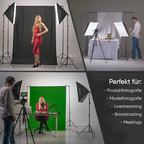 PIXETOOL Fotostudio Set - Greenscreen (1,8 x 2,8 m) mit Ständer (2 x 2 m) - Softbox mit Lampen Set - Green Screen Fotohintergrund - Reflektor - Studiolicht Fotolampe - Streaming Fotografie Hintergrund
