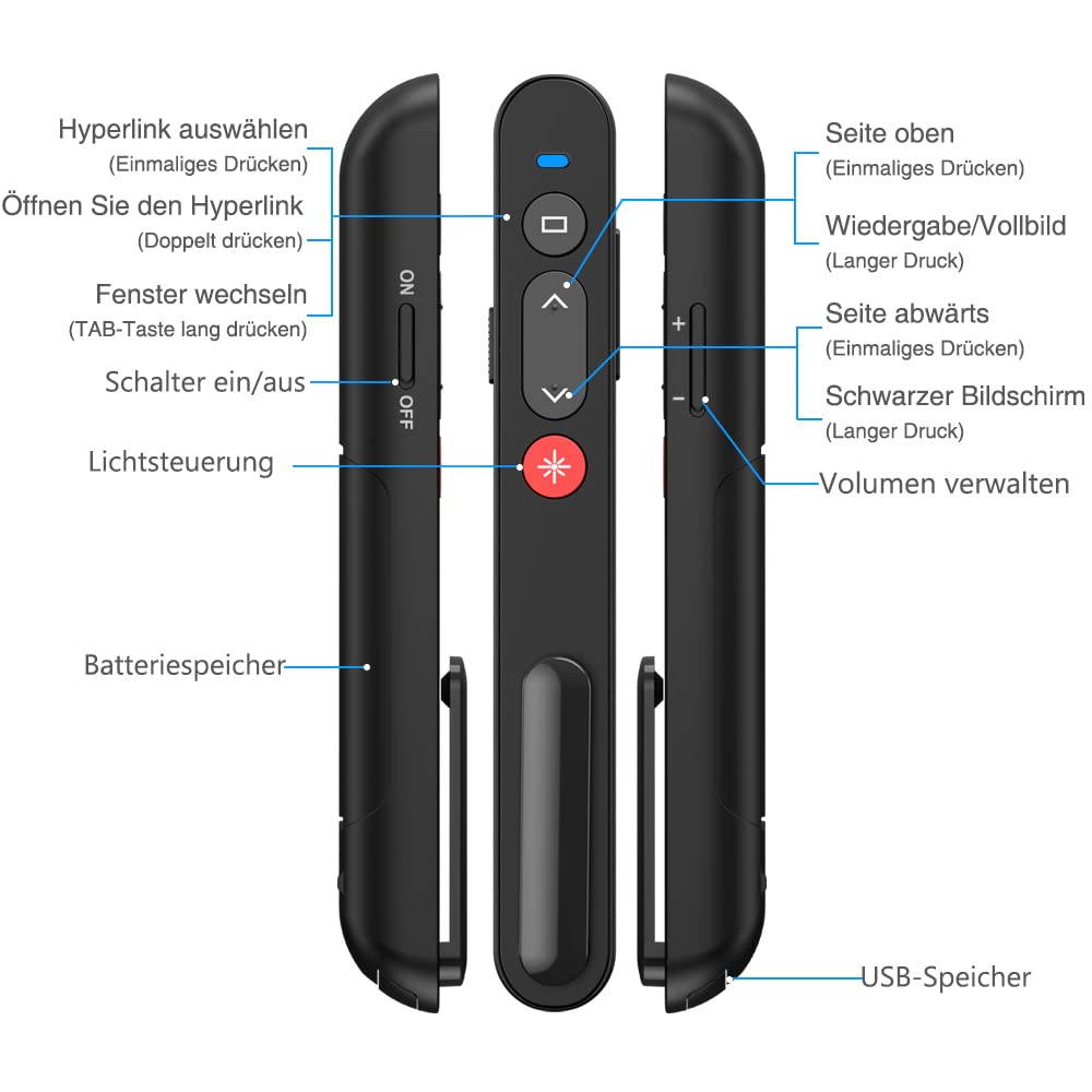 HASACOOL Presenter, 2.4 GHz Powerpoint Fernbedienung via USB Empfänger, Rot Pointer für Präsentationen mit Stiftclip, Präsentationsfernbedienung für Windows/Mac OS/Android/Linux/Keynote/PPT