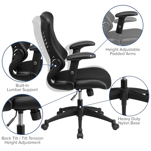 Flash Furniture Bürostuhl, ergonomisch, mit Netz-Rückenunterstützung, hoher Rückenlehne, höhenverstellbarem Sitz und feststellbarem Kipphebel, schwarz, 64 x 65 x 109 cm