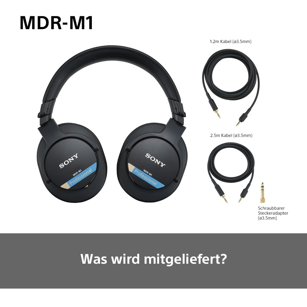Sony MDR-M1 Studio-Kopfhörer mit geschlossenem Rücken - kabelgebunden, Ultra-Breitband-Wiedergabe (5Hz-80kHz), ideal für Studioaufnahmen und -abmischungen, leicht (216g), 2 abnehmbare Kabel, schwarz