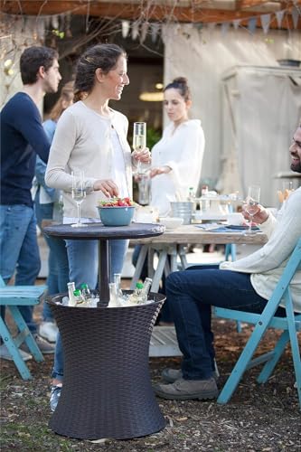 Keter Pacific Cool Bar, 3-in-1 Cocktailtisch, Couchtisch und Outdoor Eiskühler in Rattanoptik, UV-geschützt und wetterfest, braun, Kühlbox 30l Volumen
