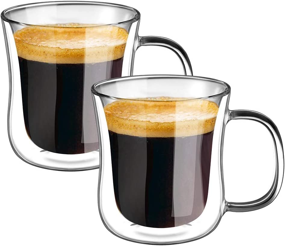 ecooe Doppelwandige Espressotassen Espresso Glaser Set Borosilikatglas Kaffeetassen Glas 2er Set 120ml Kaffeeglas Teegläser mit Henkel für Cappuccino,Latte Macchiato,Tee,EIS,Milch,Bier