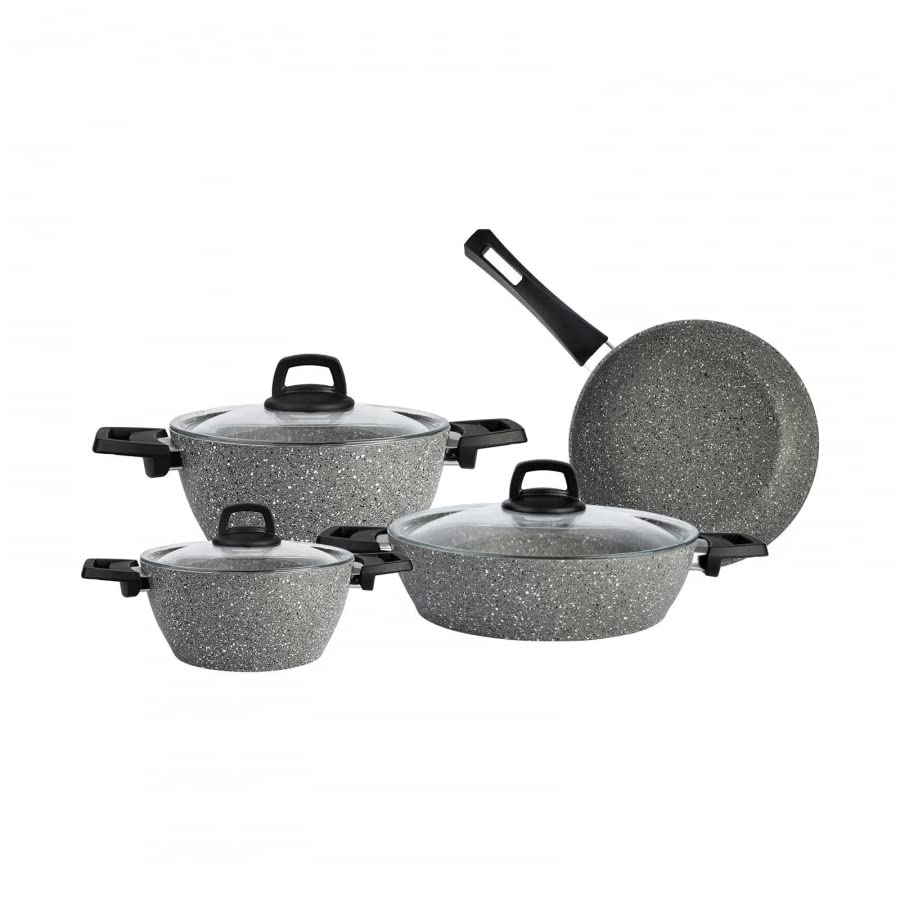 KARACA Gris Bio Granit 7-Teiliges, Topfset/Pfannensets, Antihaftbeschichtung, Topf Pfannenset mit Glasdeckeln, Kochgeschirr Set, Kochtopfsets, 3 Topf mit Glasdeckel + Pfannen