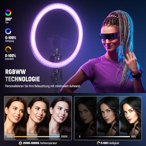 NEEWER SRP18C RGB LED Ringlicht Set ultraschlank App Steuerung mit umkehrbarem Licht Ständer, Telefonhalter, Kugelkopf, 2500K–10000K, CRI 95+/TLCI 97, 3700Lux/0,5m 18 Szenen für TikTok/Make up/Gaming